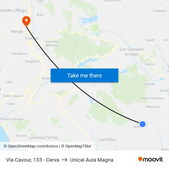 Cavour Street, 133 - Cerva to Unical Magna Hall map