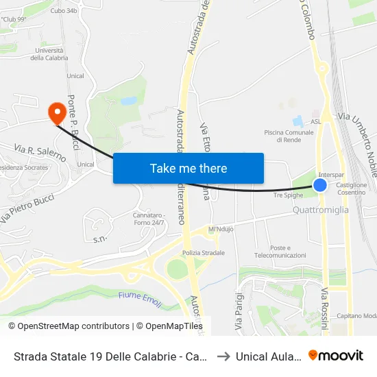 State Road 19 of Calabria - Castiglione Cosentino to Unical Magna Hall map