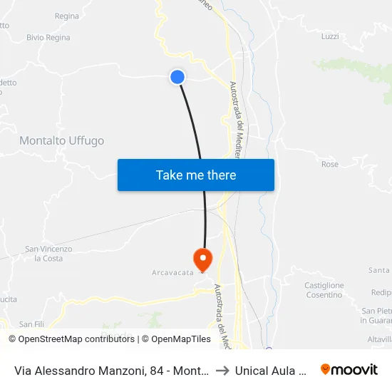 Via Alessandro Manzoni, 84 - Montalto Uffugo to Unical Magna Hall map