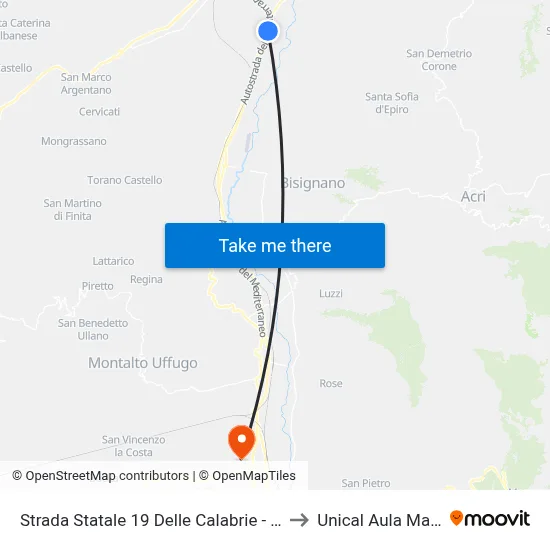 State Road 19 of Calabria - Tarsia to Unical Magna Hall map