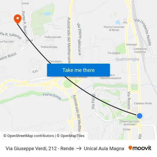 Via Giuseppe Verdi, 212 - Rende to Unical Magna Hall map
