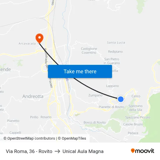 Via Roma, 36 - Rovito to Unical Magna Hall map