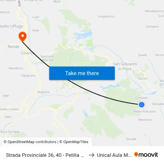 Provincial Road 36, 40 - Petilia Policastro to Unical Magna Hall map