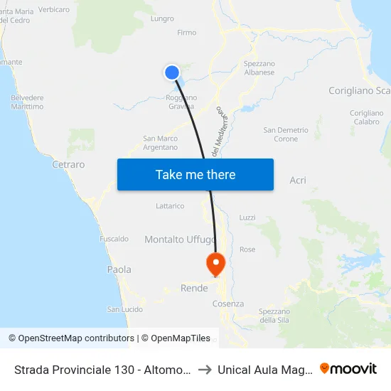 Provincial Road 130 - Altomonte to Unical Magna Hall map