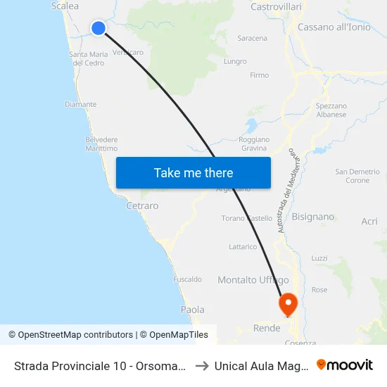 Provincial Road 10 - Orsomarso to Unical Magna Hall map