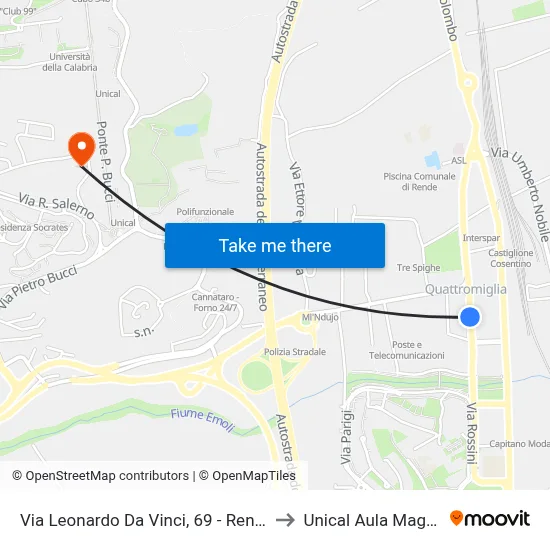 Leonardo Da Vinci Street, 69 - Rende to Unical Magna Hall map