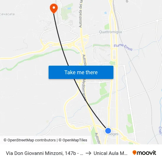 Via Don Giovanni Minzoni, 147b - Rende to Unical Magna Hall map