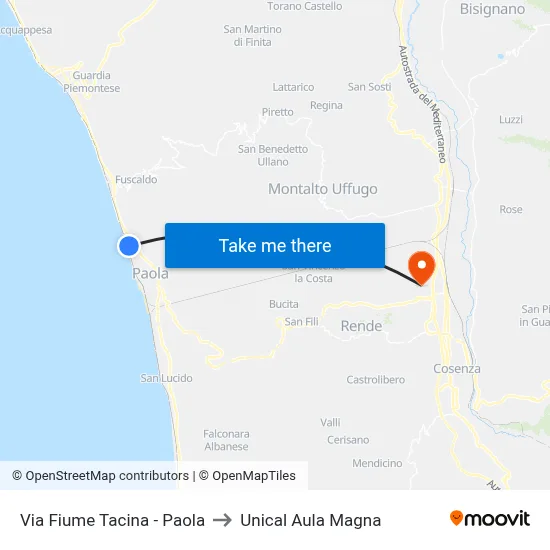 Via Fiume Tacina - Paola to Unical Magna Hall map