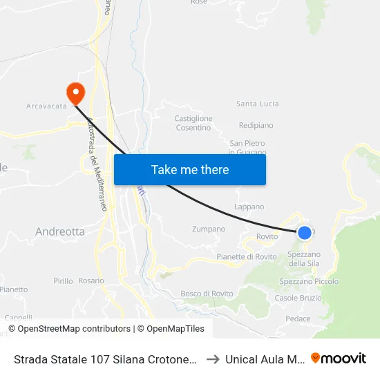 State Road 107 Silana Crotonese - Celico to Unical Magna Hall map