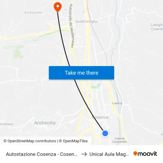 Cosenza Bus Station - Cosenza to Unical Magna Hall map