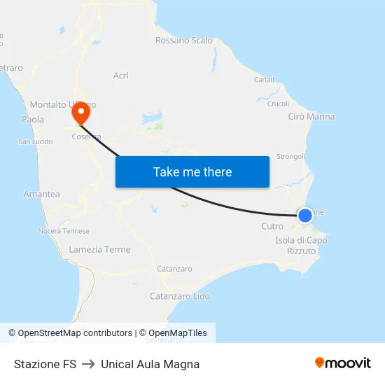 Stazione FS to Unical Aula Magna map