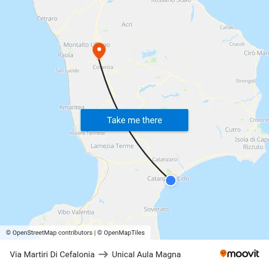 Cefalonia Martyrs Street to Unical Magna Hall map