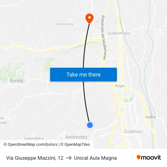 Via Giuseppe Mazzini, 12 to Unical Aula Magna map