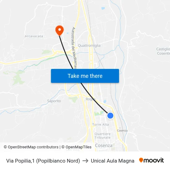 Via Popilia, 1 (North Popilbianco) to Unical Magna Hall map