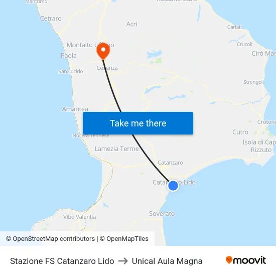 Catanzaro Lido Railway Station to Unical Magna Hall map