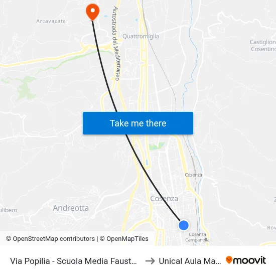 Via Popilia - Scuola Media Fausto Gullo to Unical Aula Magna map