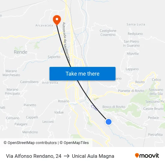 Alfonso Rendano Street, 24 to Unical Magna Hall map