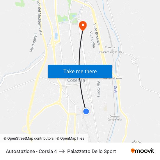 Autostazione - Corsia 4 to Palazzetto Dello Sport map