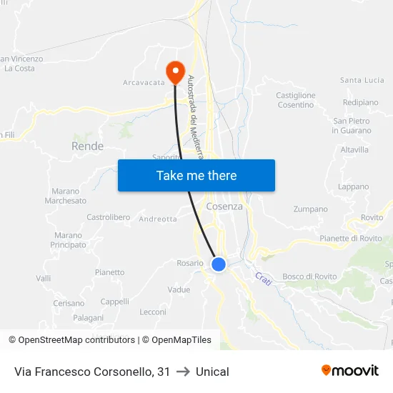 Francesco Corsonello Street, 31 to Unical map