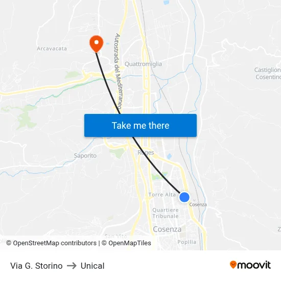 Via G. Storino to Unical map