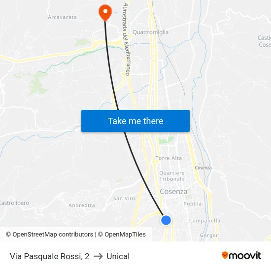 Via Pasquale Rossi, 2 to Unical map