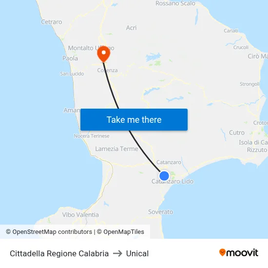 Calabria Region Citadel to Unical map