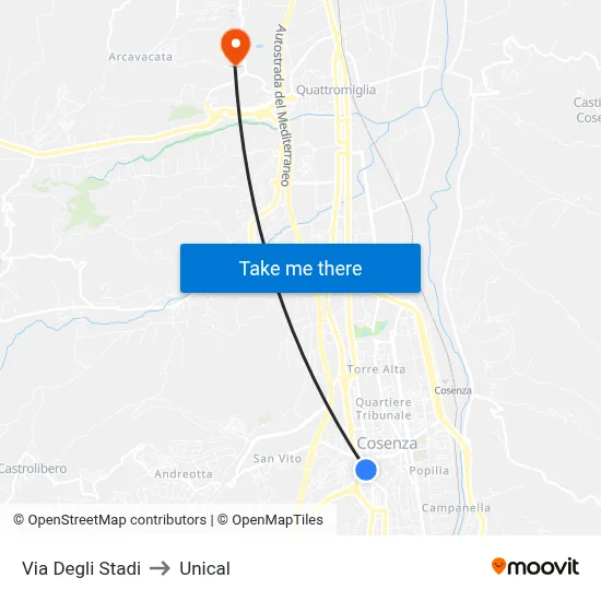 Stadium Street to Unical map
