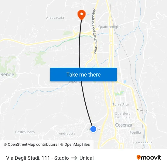 Via Degli Stadi, 111 - Stadium to Unical map