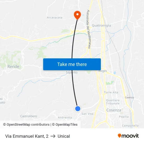 Via Emmanuel Kant, 2 to Unical map