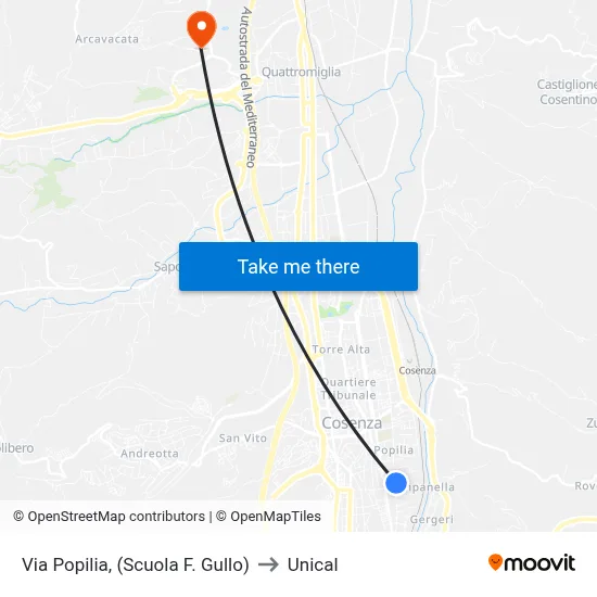 Via Popilia, (F. Gullo School) to Unical map