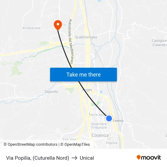 Via Popilia, (North Cuturella) to Unical map