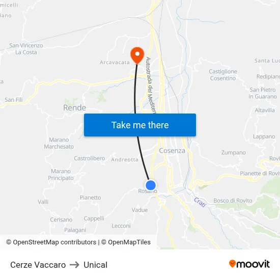 Cerze Vaccaro to Unical map