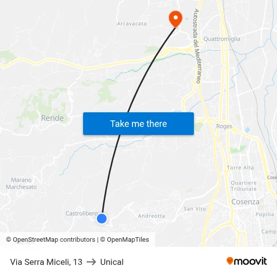 Via Serra Miceli, 13 to Unical map
