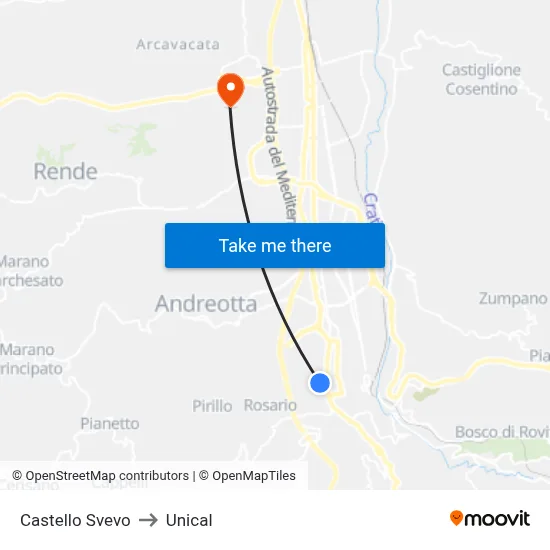 Castello Svevo to Unical map