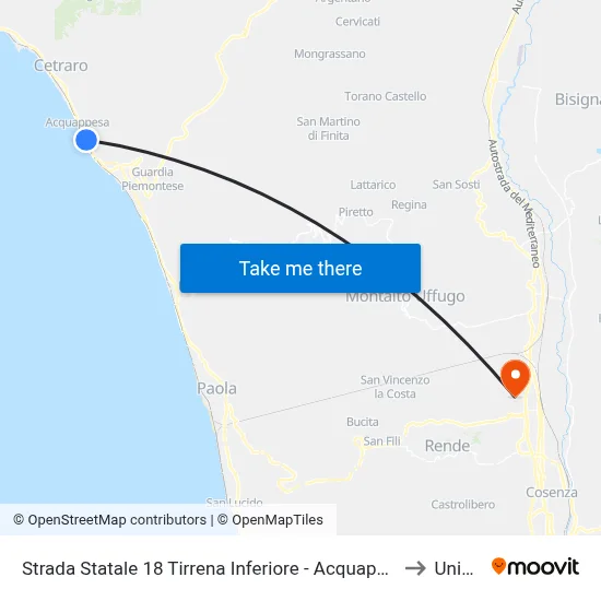 State Road 18 Tirrena Inferiore - Acquappesa to Unical map