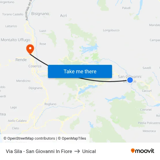 Via Sila - San Giovanni In Fiore to Unical map