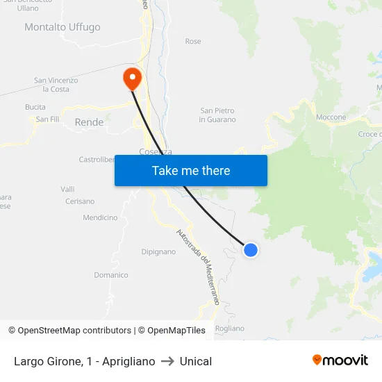 Largo Girone, 1 - Aprigliano to Unical map