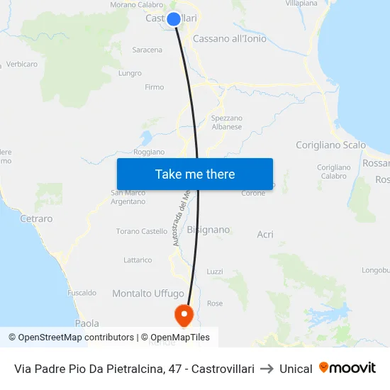 Via Padre Pio Da Pietralcina, 47 - Castrovillari to Unical map