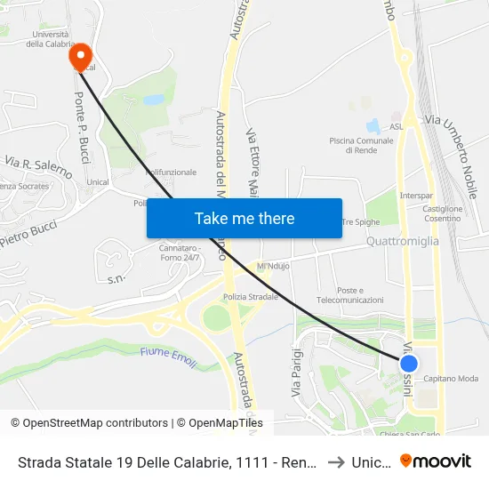 Strada Statale 19 Delle Calabrie, 1111 - Rende to Unical map