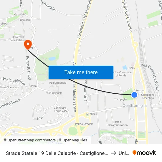 Strada Statale 19 Delle Calabrie - Castiglione Cosentino to Unical map