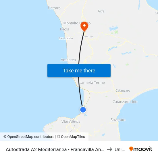 A2 Mediterranean Highway - Francavilla Angitola to Unical map