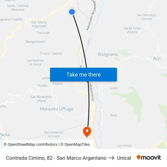 Contrada Cimino, 82 - San Marco Argentano to Unical map