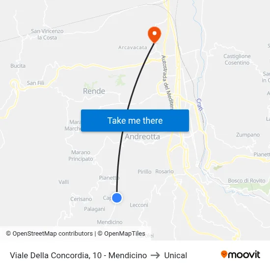 Viale Della Concordia, 10 - Mendicino to Unical map