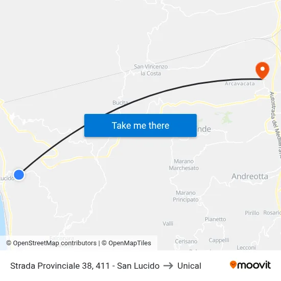 Strada Provinciale 38, 411 - San Lucido to Unical map