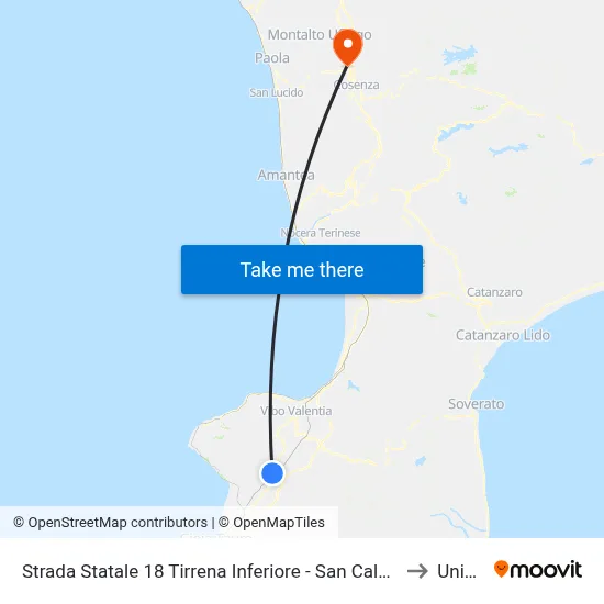 Strada Statale 18 Tirrena Inferiore - San Calogero to Unical map