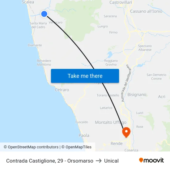 Contrada Castiglione, 29 - Orsomarso to Unical map