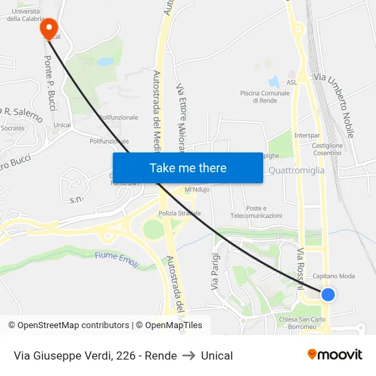 Via Giuseppe Verdi, 226 - Rende to Unical map