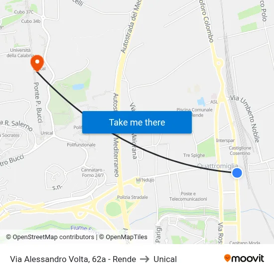 Via Alessandro Volta, 62a - Rende to Unical map