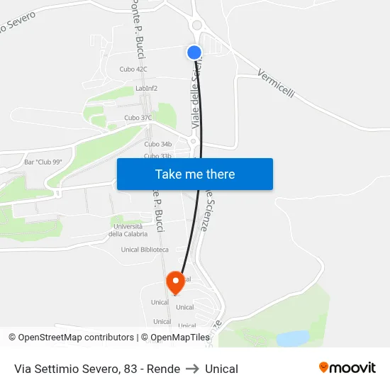 Via Settimio Severo, 83 - Rende to Unical map