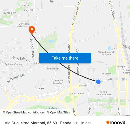 Via Guglielmo Marconi, 65-69 - Rende to Unical map